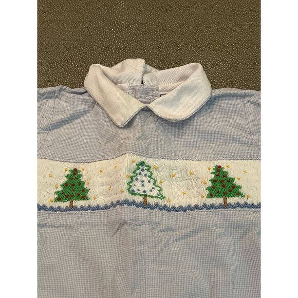 Carriage Boutique Smocked And Embroidered Christmas Trees On Blue Gingham Romper - Picture 2 of 5